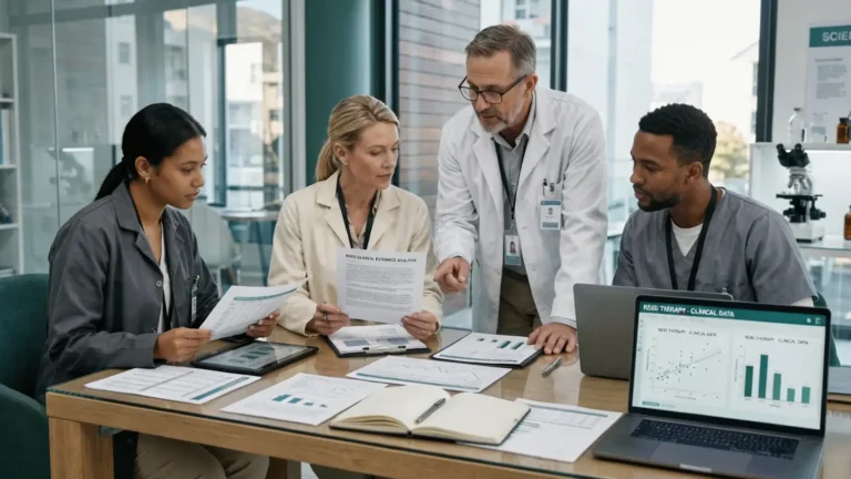 Equipe médica e científica analisando resultados e pesquisas sobre Reiki em ambiente clínico